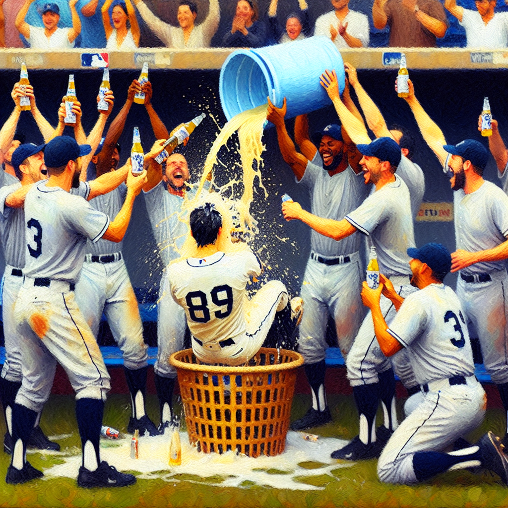 鄧愷威奪MLB首勝被丟進洗衣籃淋啤酒慶祝 感謝隊友守備, modern digital art style, high quality, suitable for blog post, no text or watermarks